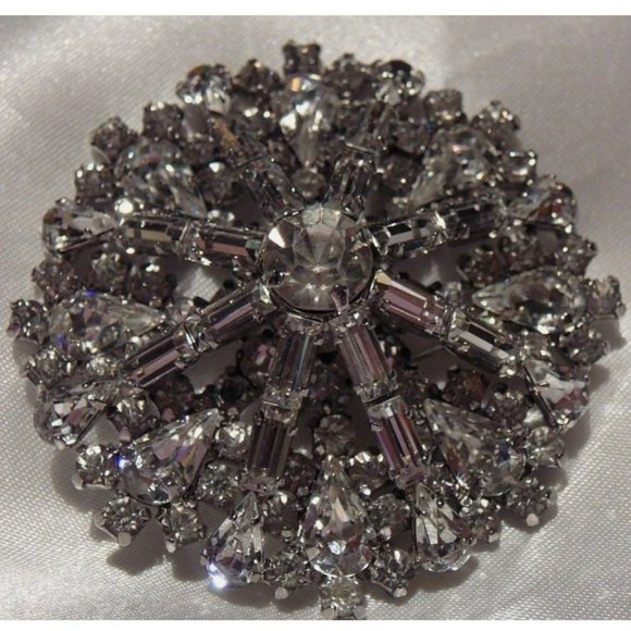 Vintage Jay Flex Sterling Silver Brooch 2 layer Rhinestones 1960 Montreal Canada - Picture 1 of 4